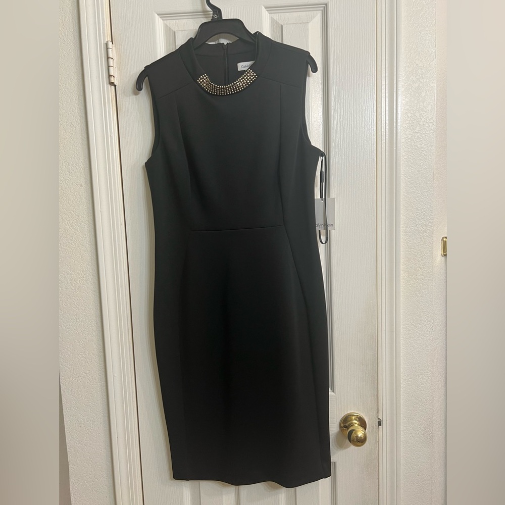 NWT Calvin Klein women’s black sleeveless knee length dress with gold detail 12